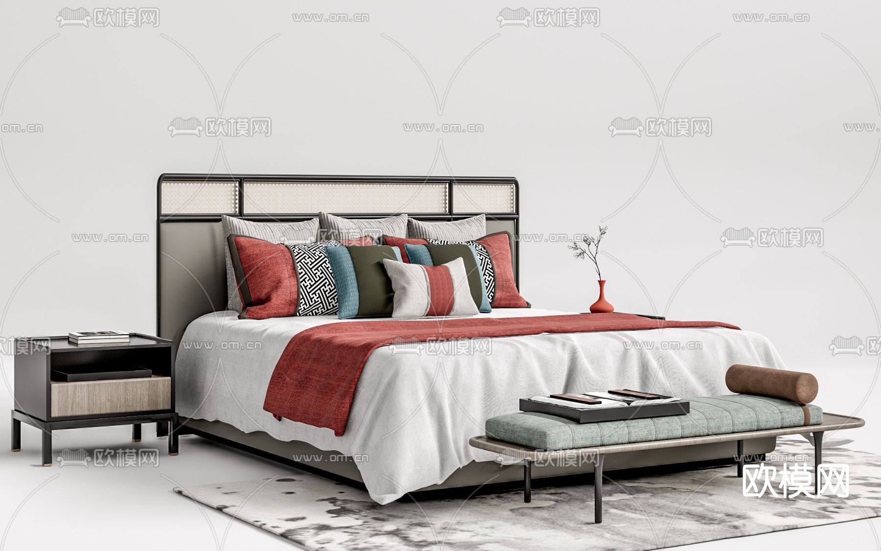 新中式实木双人床su模型下载（渲染图1）