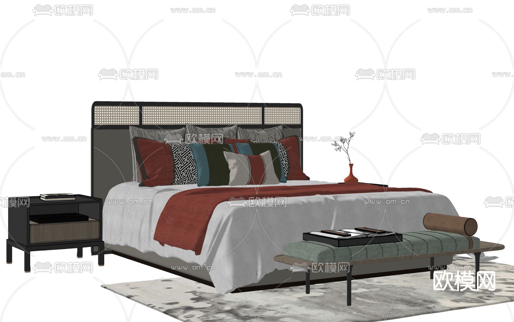 新中式实木双人床su模型下载（渲染图2）