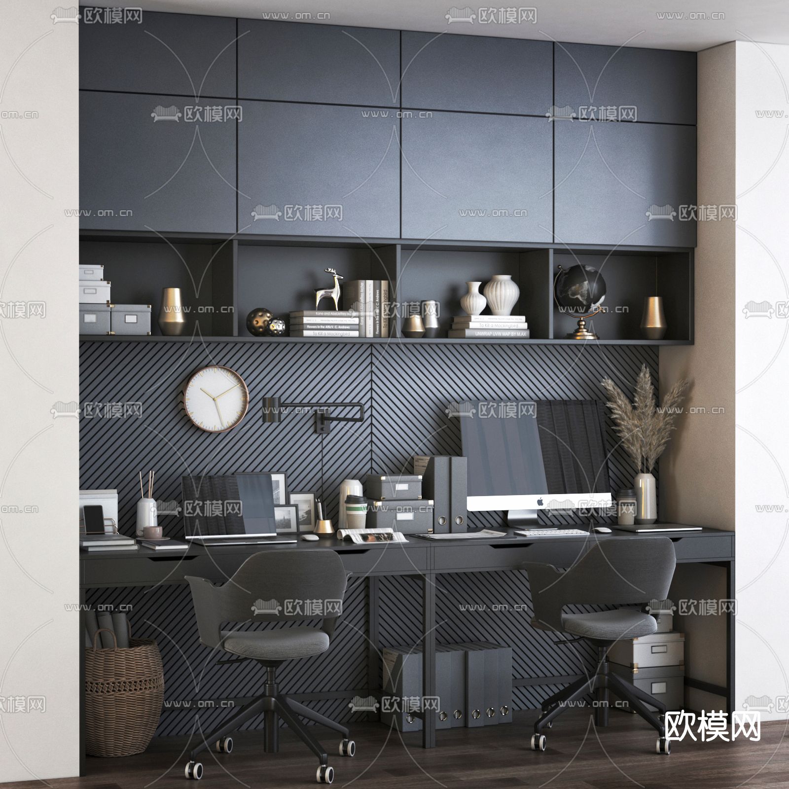 现代一体式书柜3d模型下载（渲染图1）