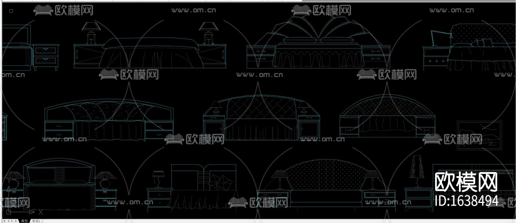 多种款式床床头柜组合立面剖面图库合集下载（渲染图7）