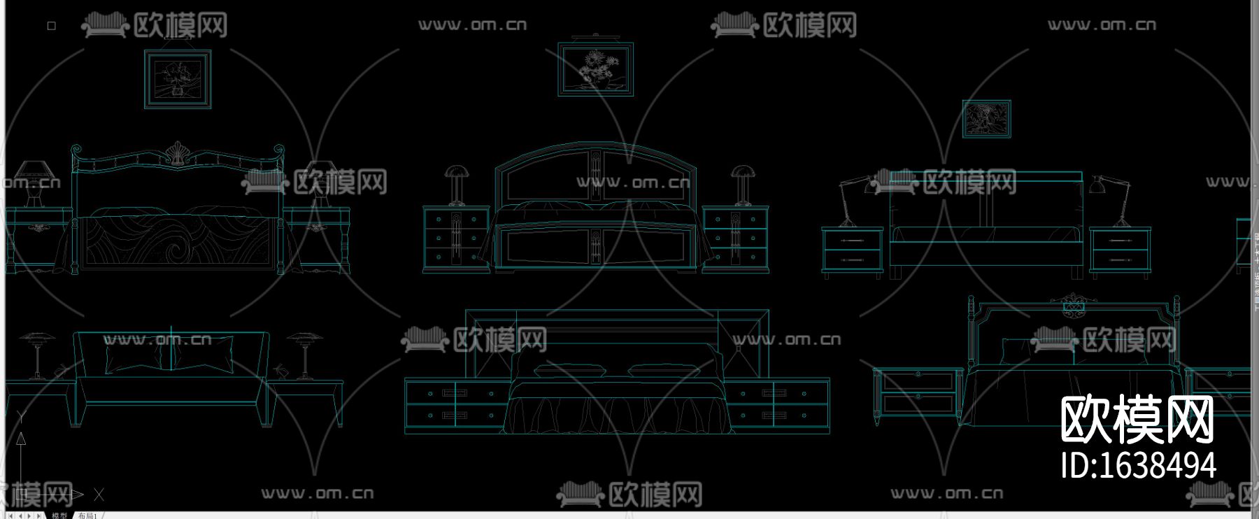 多种款式床床头柜组合立面剖面图库合集下载（渲染图1）