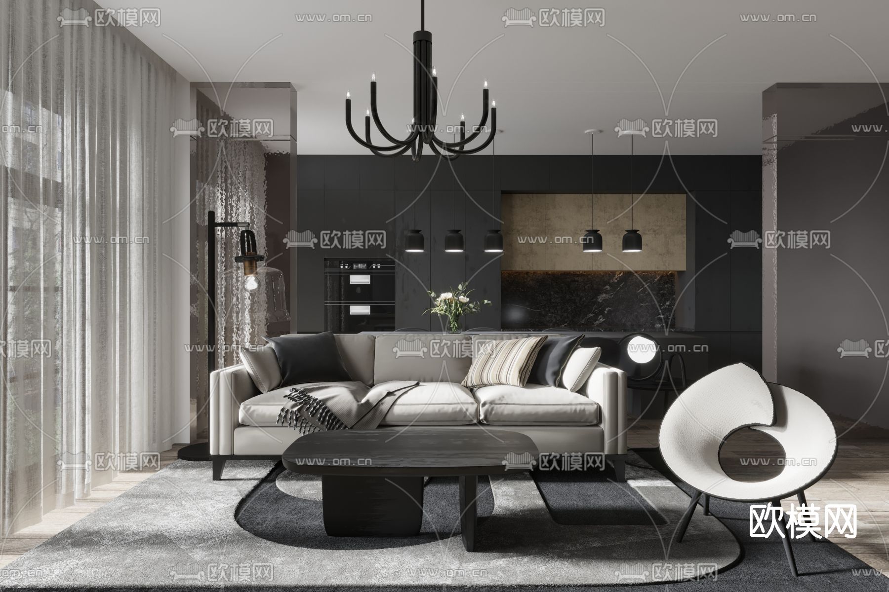 暗黑风 客厅餐厅3d模型下载（渲染图1）