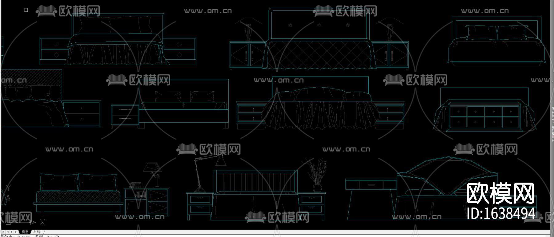 多种款式床床头柜组合立面剖面图库合集下载（渲染图2）