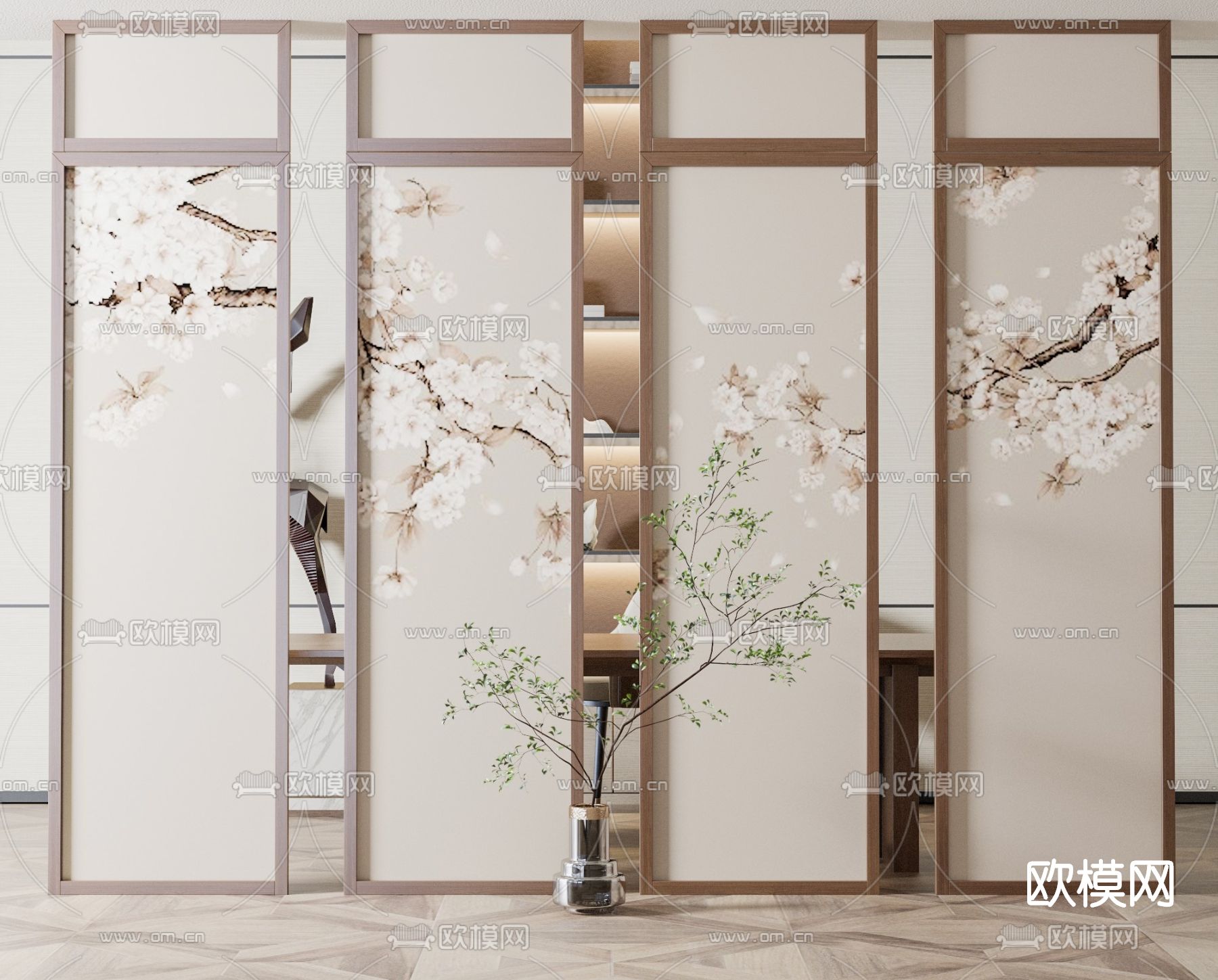 新中式樱花屏风隔断3d模型下载
