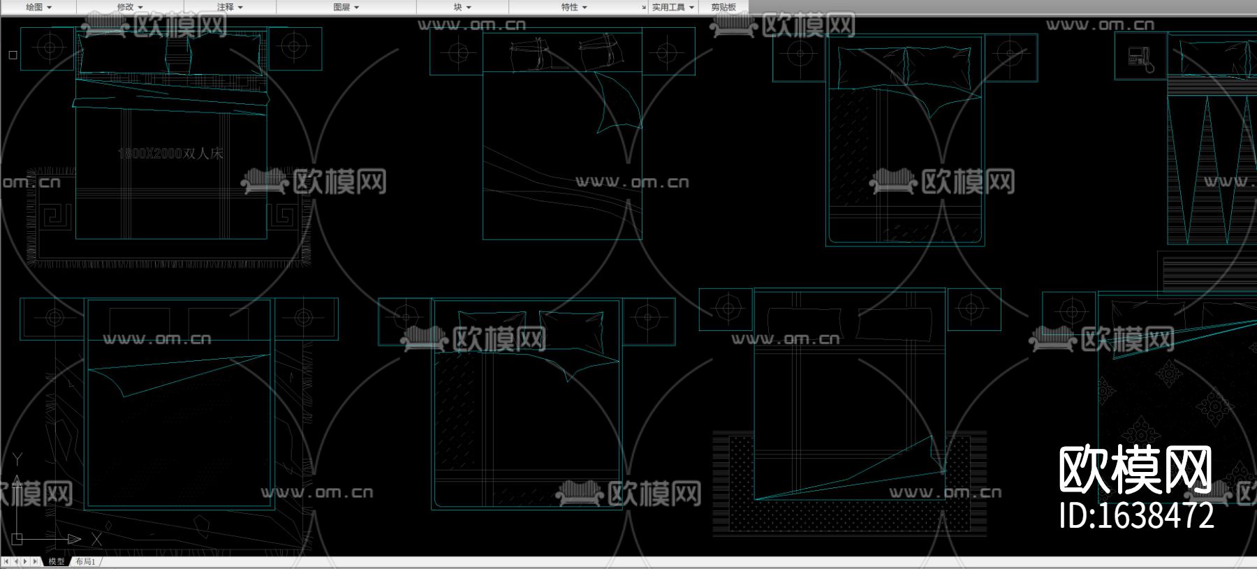 多种款式床床头柜组合平面图库合集下载（渲染图5）