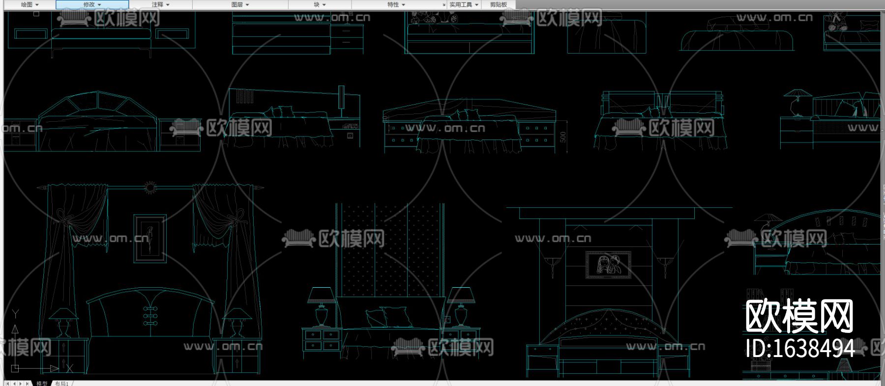 多种款式床床头柜组合立面剖面图库合集下载（渲染图6）