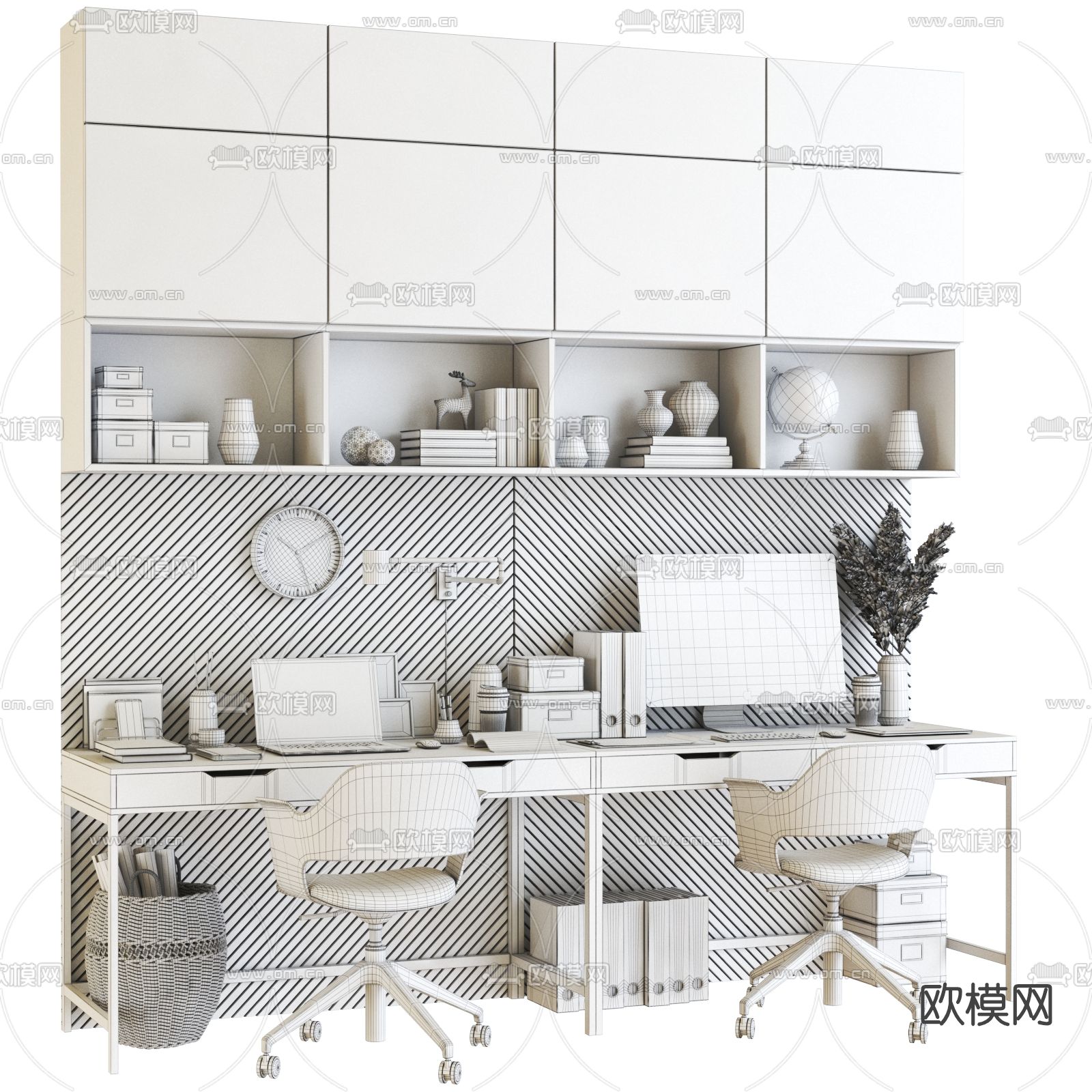 现代一体式书柜3d模型下载（渲染图2）