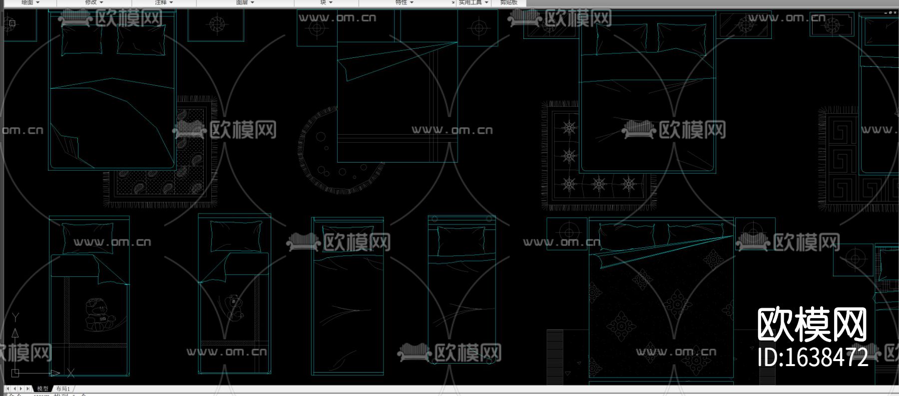 多种款式床床头柜组合平面图库合集下载（渲染图3）