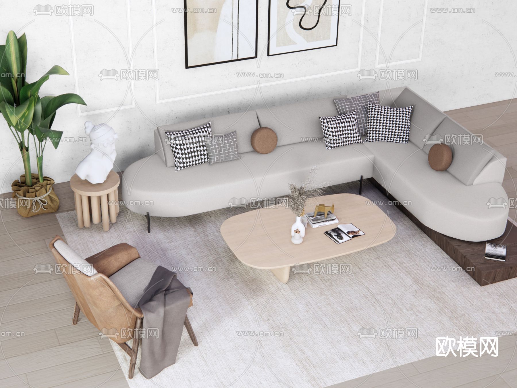 北欧布艺沙发组合su模型下载（渲染图1）