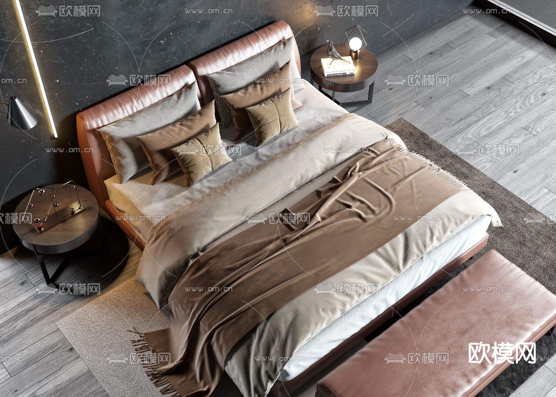 现代布艺双人床3d模型下载（渲染图2）