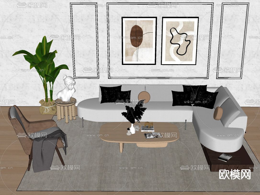 北欧布艺沙发组合su模型下载（渲染图3）