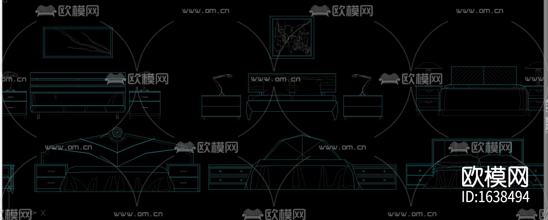 多种款式床床头柜组合立面剖面图库合集下载（渲染图3）