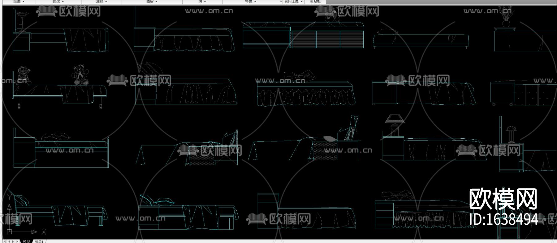 多种款式床床头柜组合立面剖面图库合集下载（渲染图9）