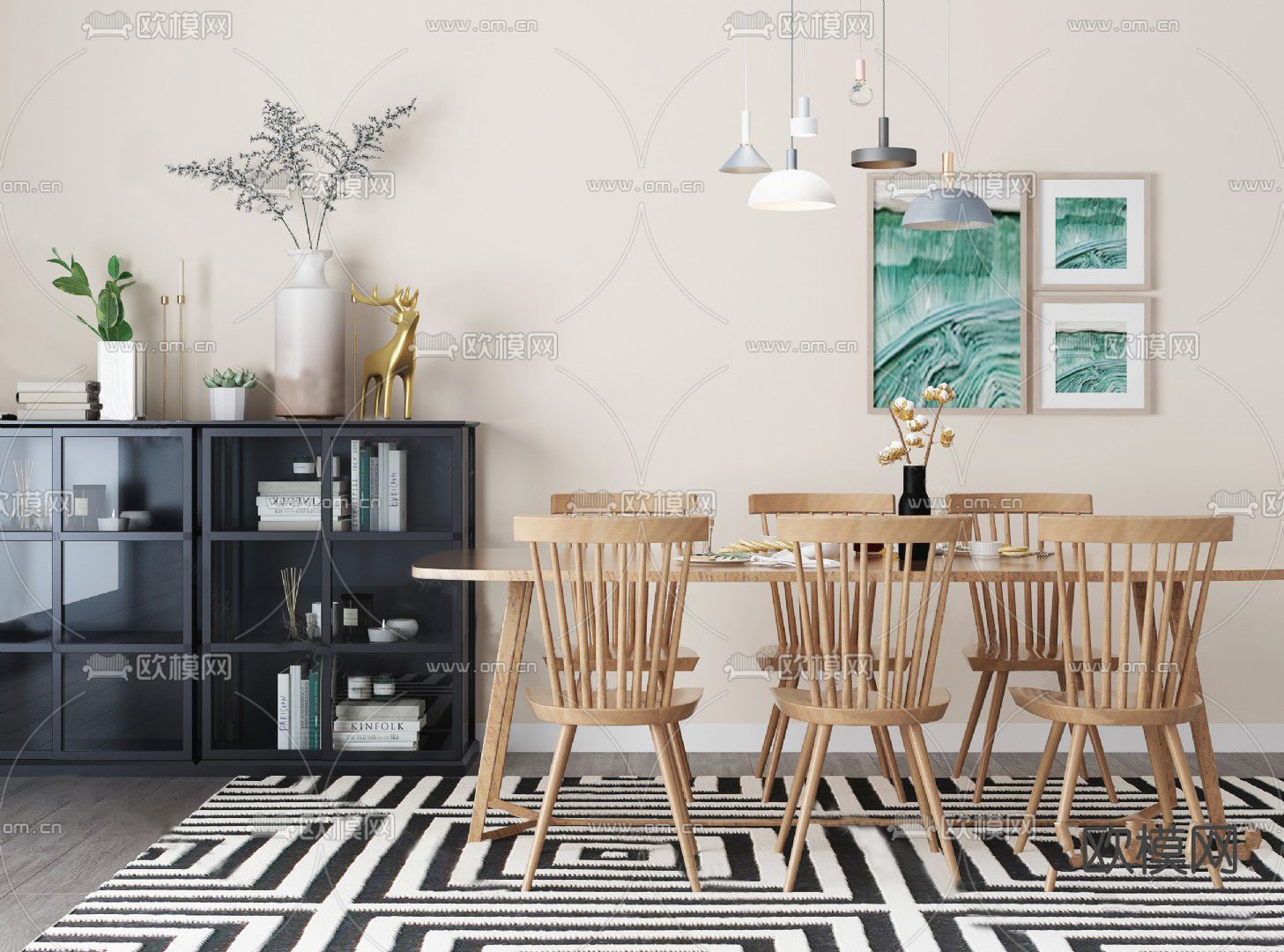 北欧原木餐桌椅su模型下载（渲染图1）