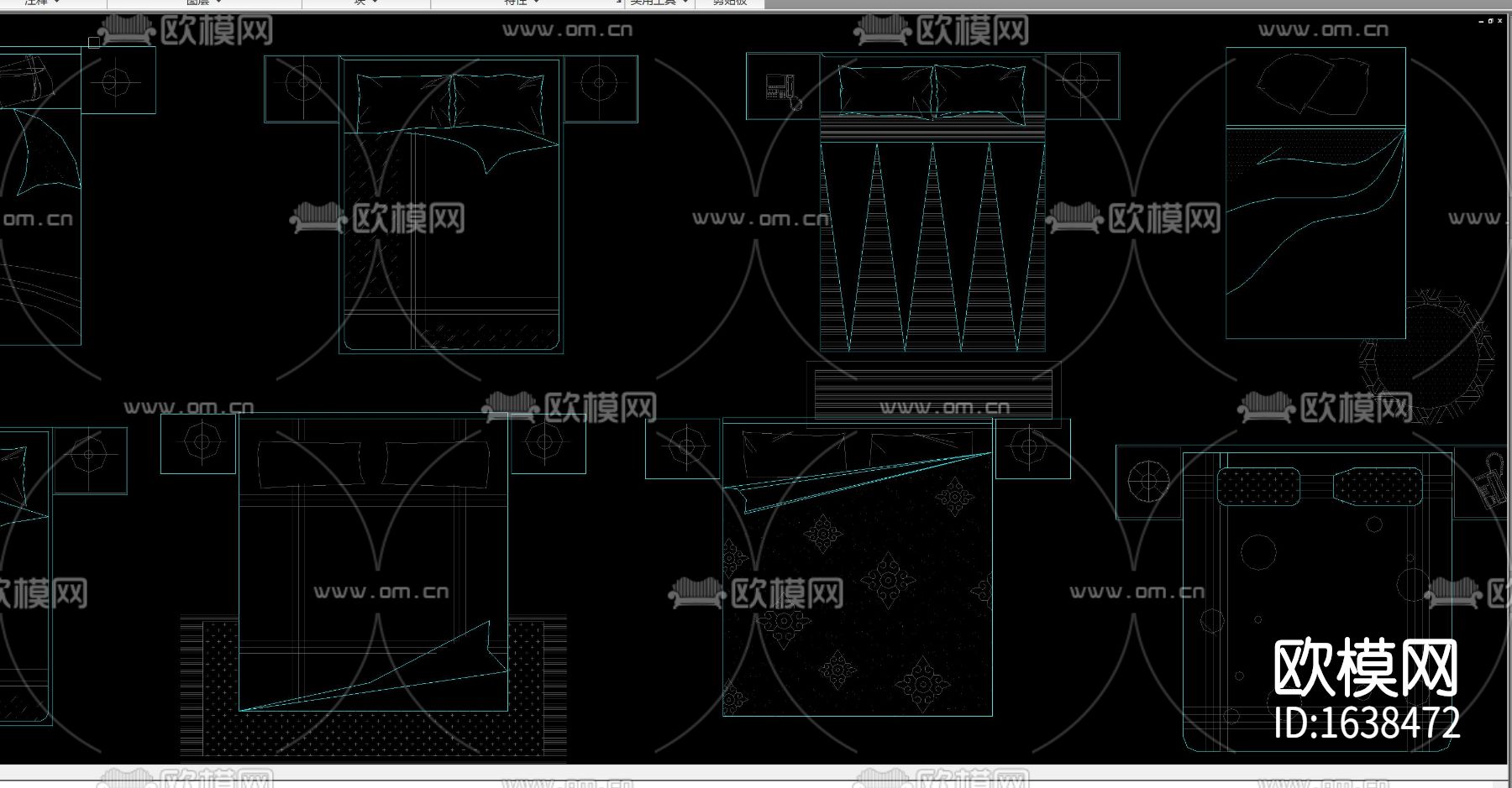 多种款式床床头柜组合平面图库合集下载（渲染图6）