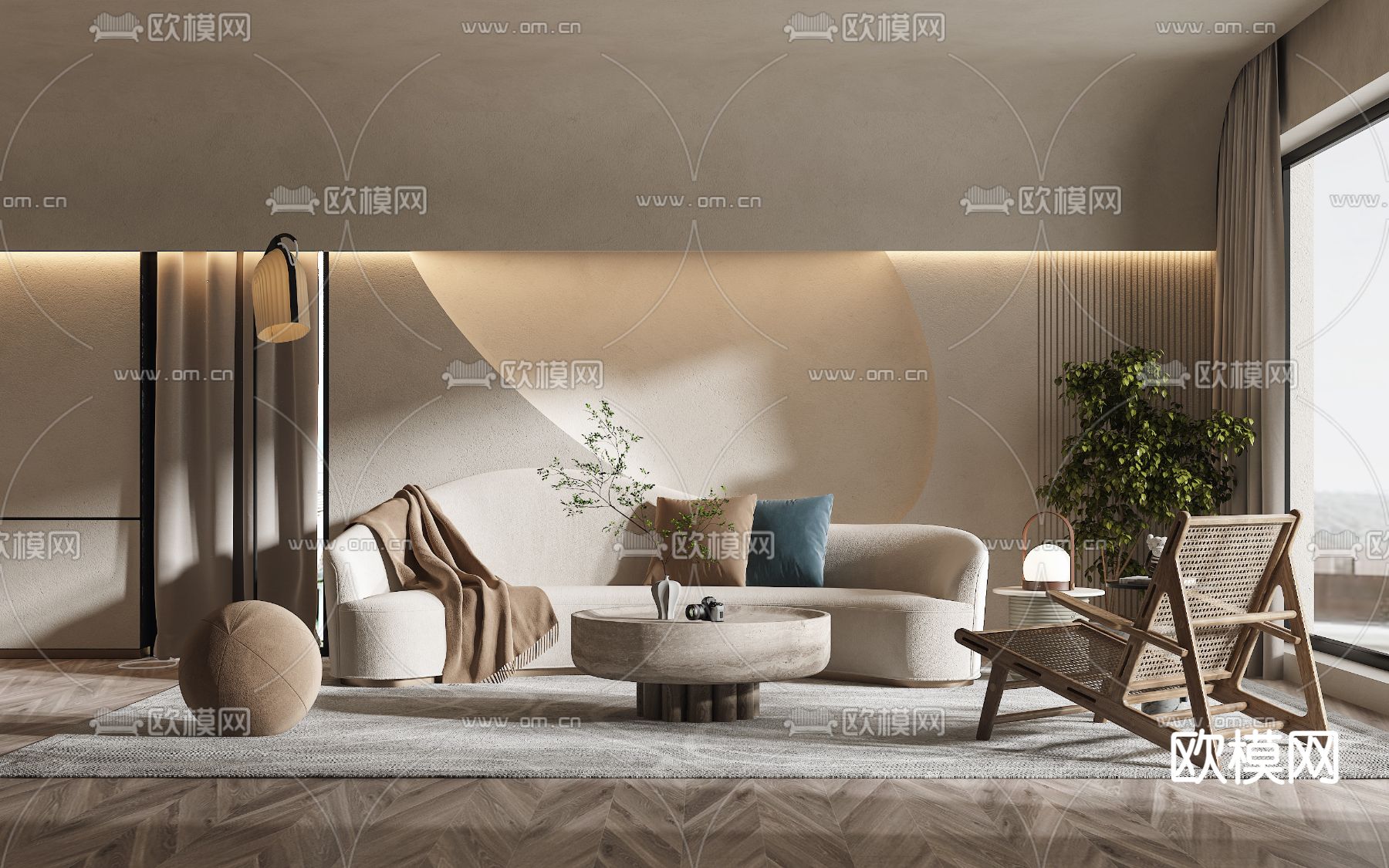 侘寂布艺弧形沙发组合3d模型下载