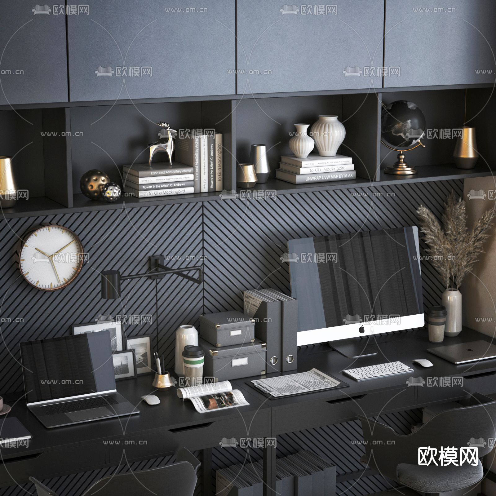 现代一体式书柜3d模型下载（渲染图3）