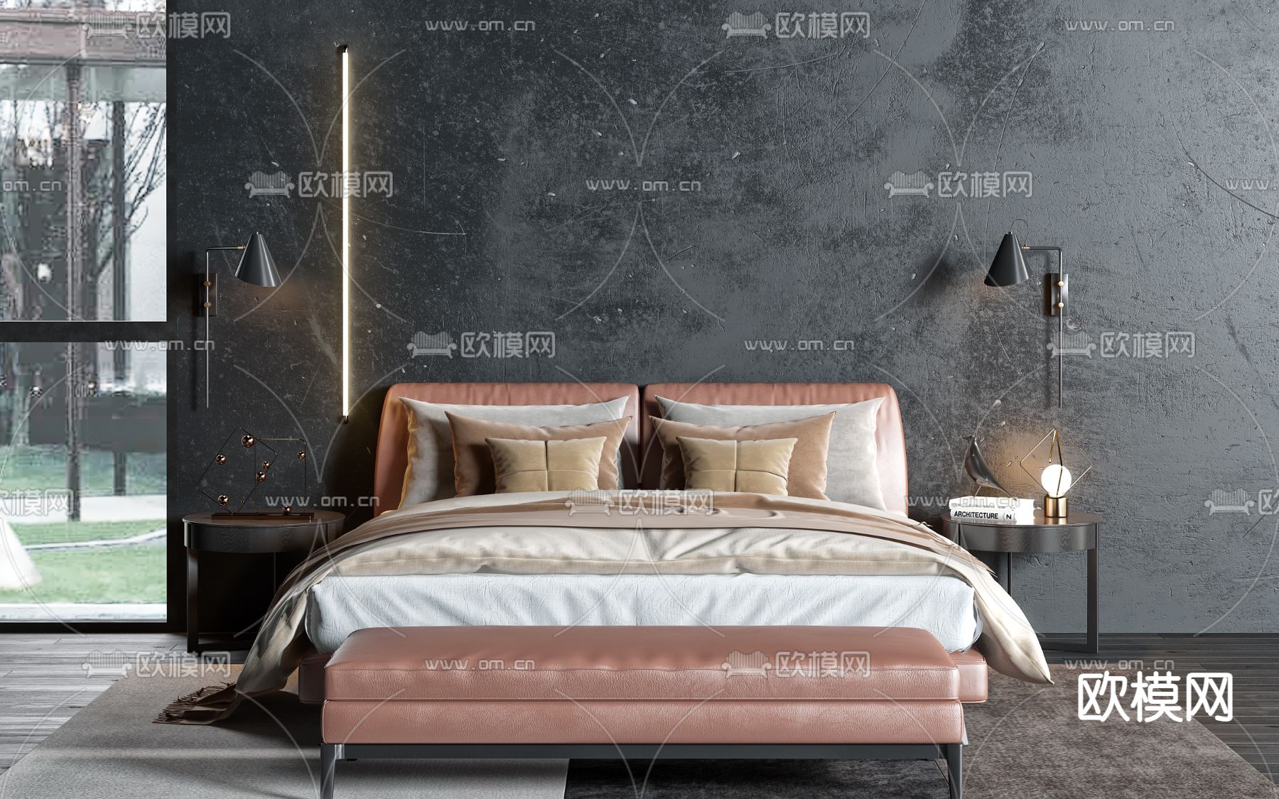 现代布艺双人床3d模型下载（渲染图1）