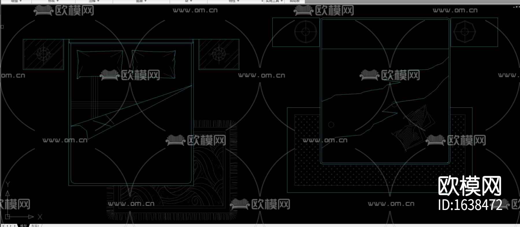 多种款式床床头柜组合平面图库合集下载（渲染图10）