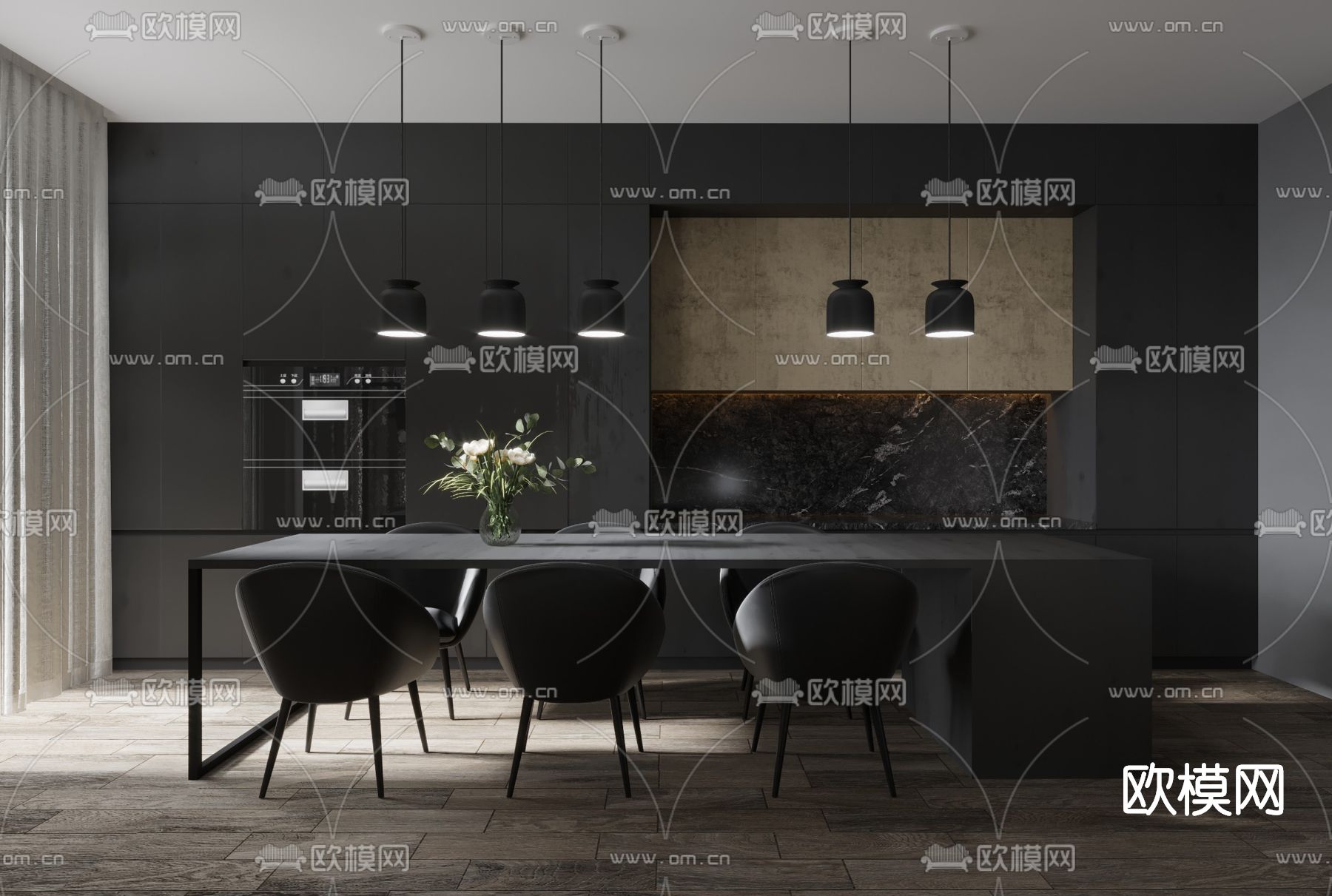 暗黑风 客厅餐厅3d模型下载（渲染图5）