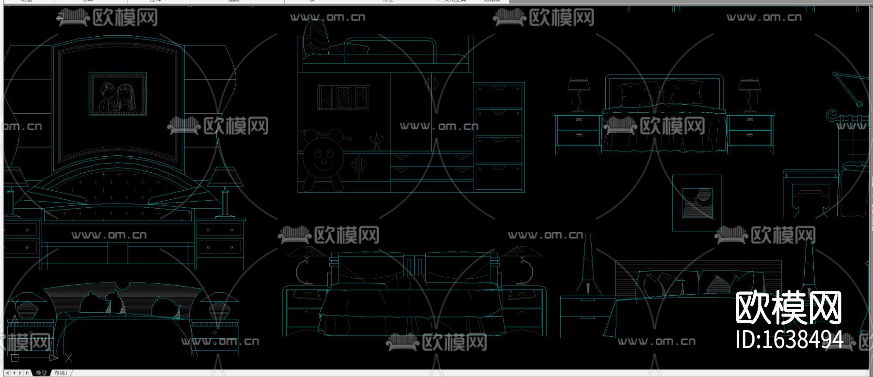 多种款式床床头柜组合立面剖面图库合集下载（渲染图8）