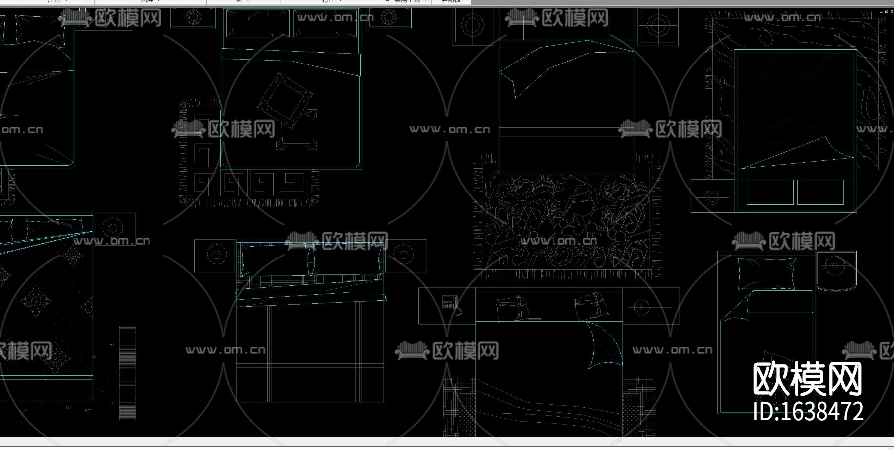 多种款式床床头柜组合平面图库合集下载（渲染图4）