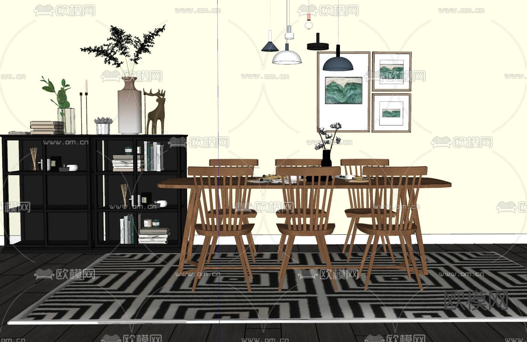 北欧原木餐桌椅su模型下载（渲染图2）