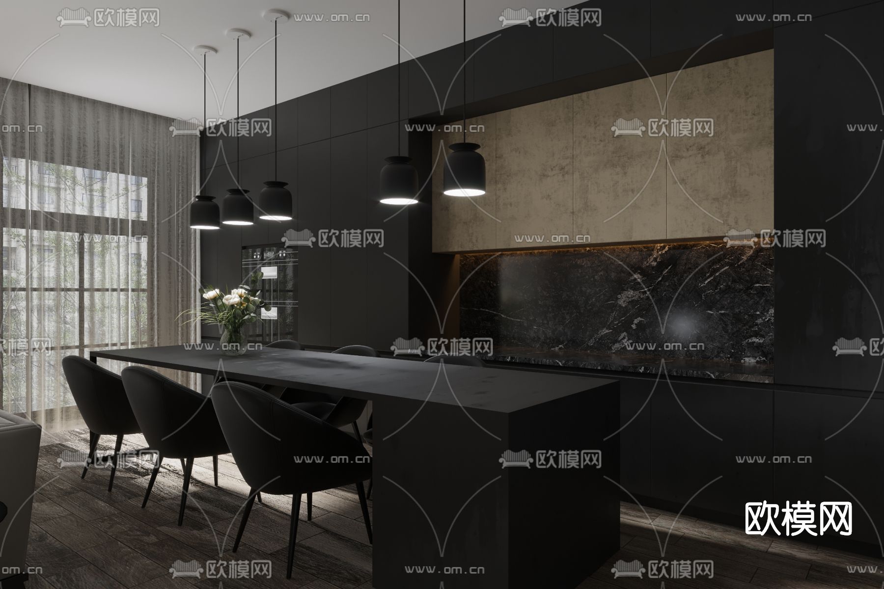 暗黑风 客厅餐厅3d模型下载（渲染图3）