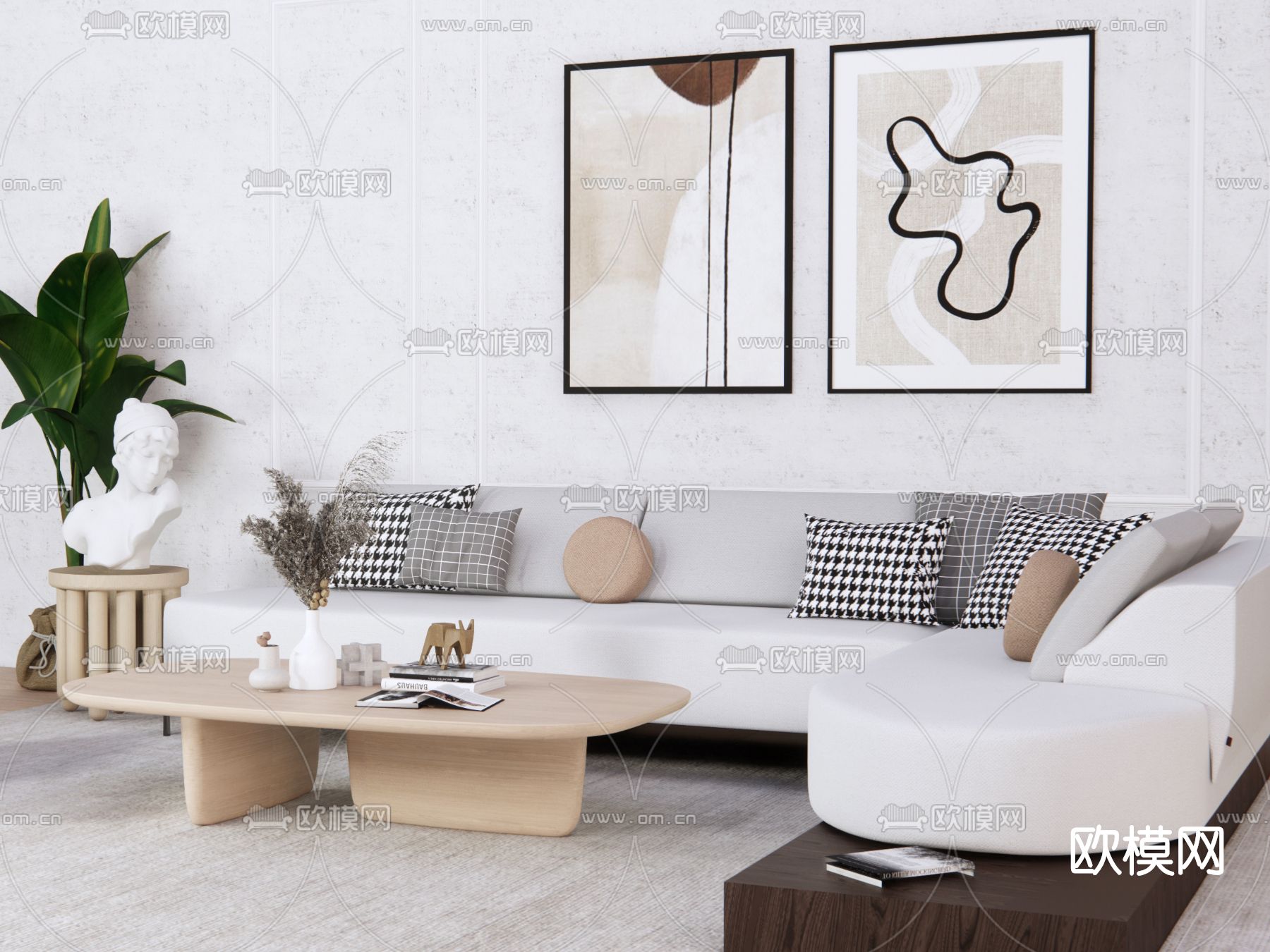 北欧布艺沙发组合su模型下载（渲染图2）