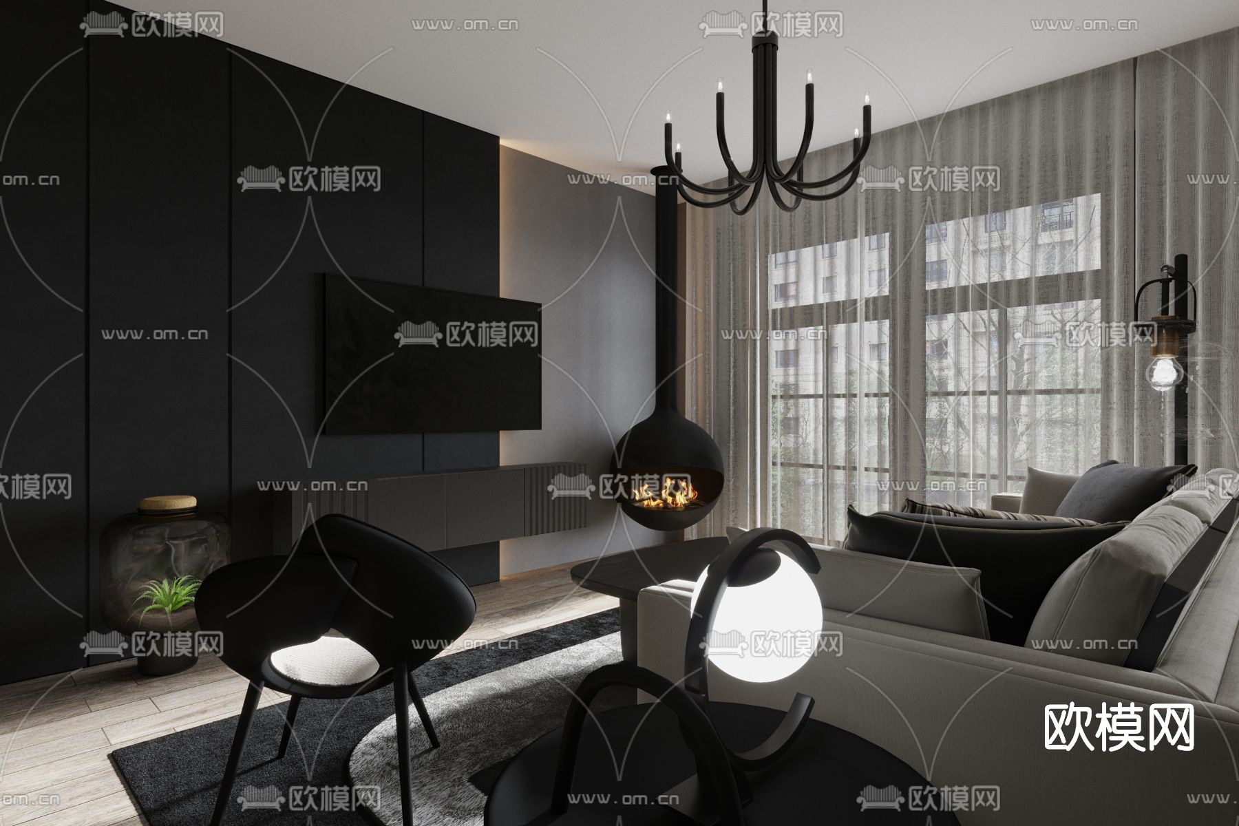 暗黑风 客厅餐厅3d模型下载（渲染图4）