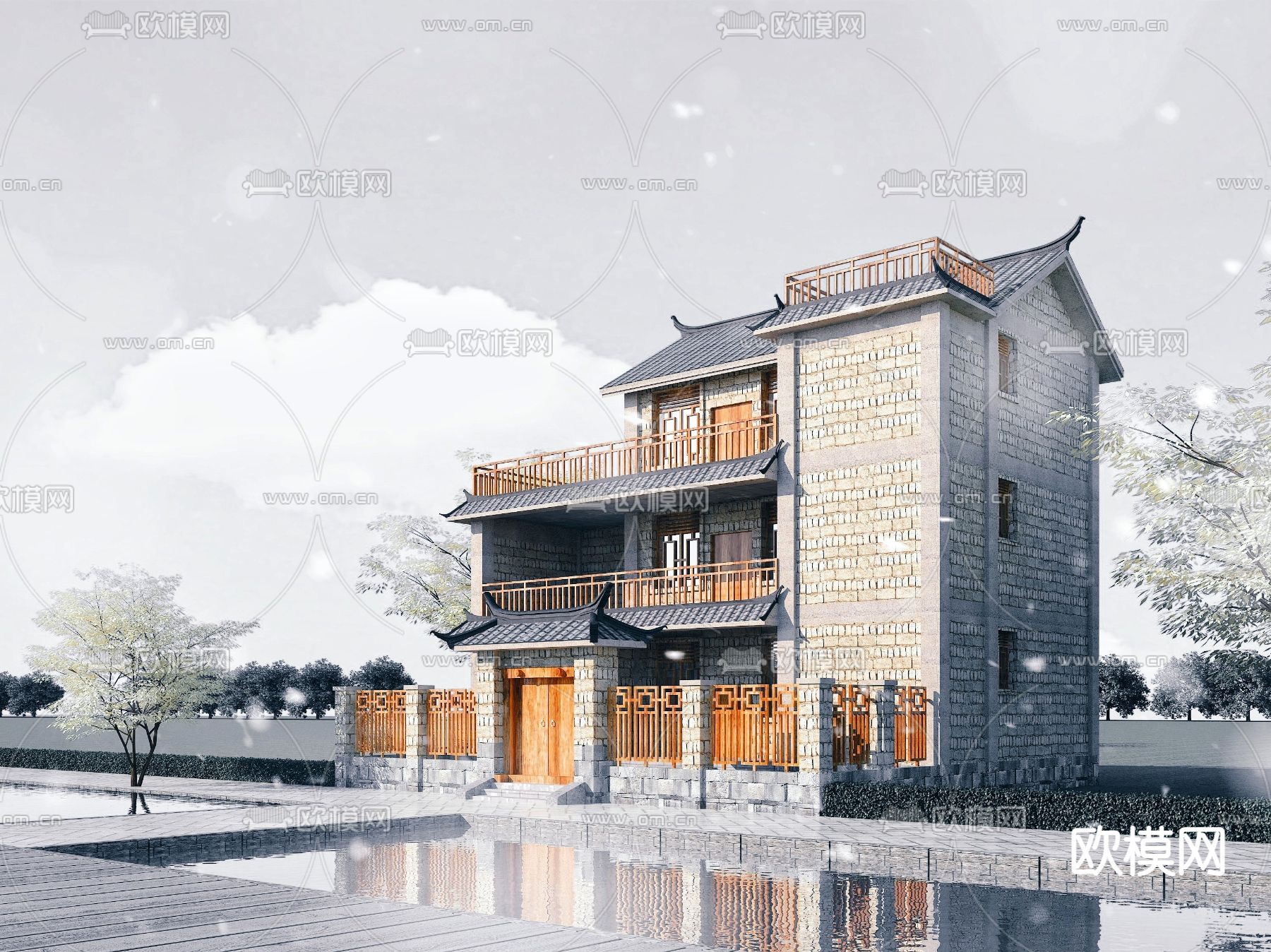 中式独栋别墅外观3d模型