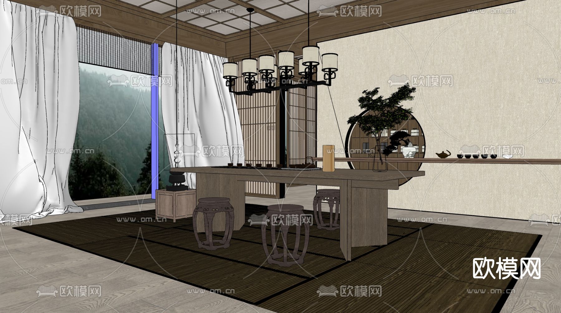 新中式轻奢茶室su模型下载（渲染图2）