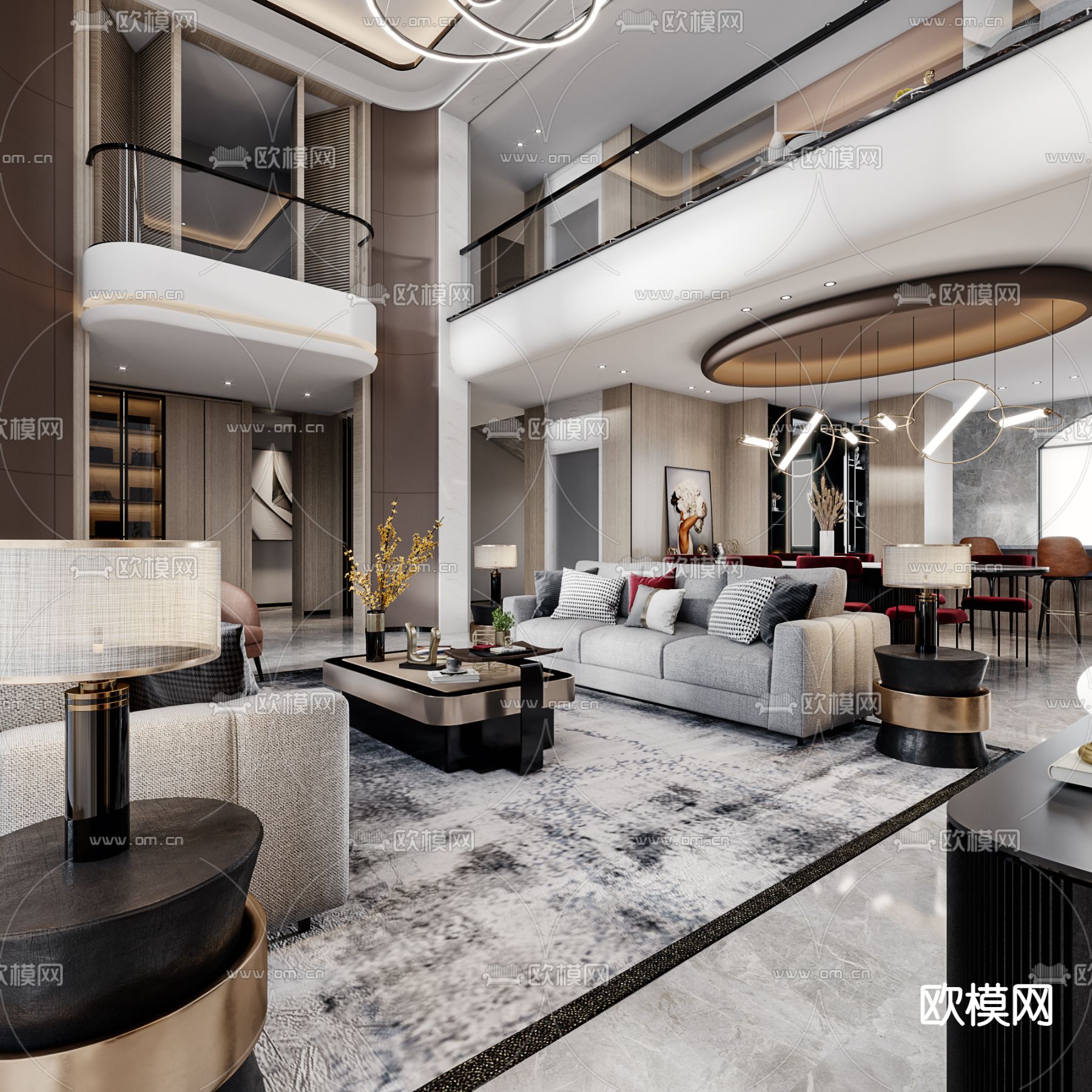 后现代别墅客餐厅3d模型下载（渲染图1）