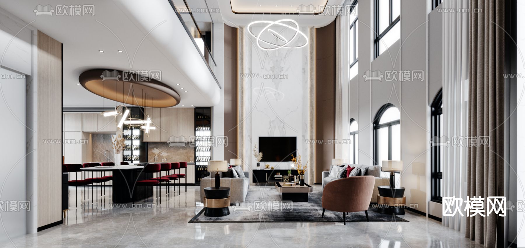 后现代别墅客餐厅3d模型下载（渲染图2）