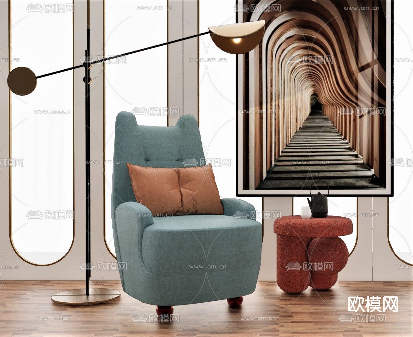 现代布艺休闲沙发su模型下载（渲染图1）