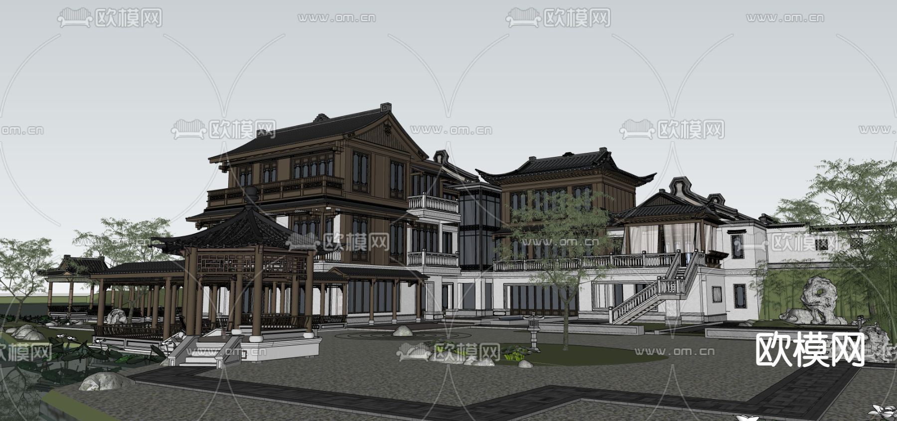 中式园林别墅su模型下载（渲染图2）