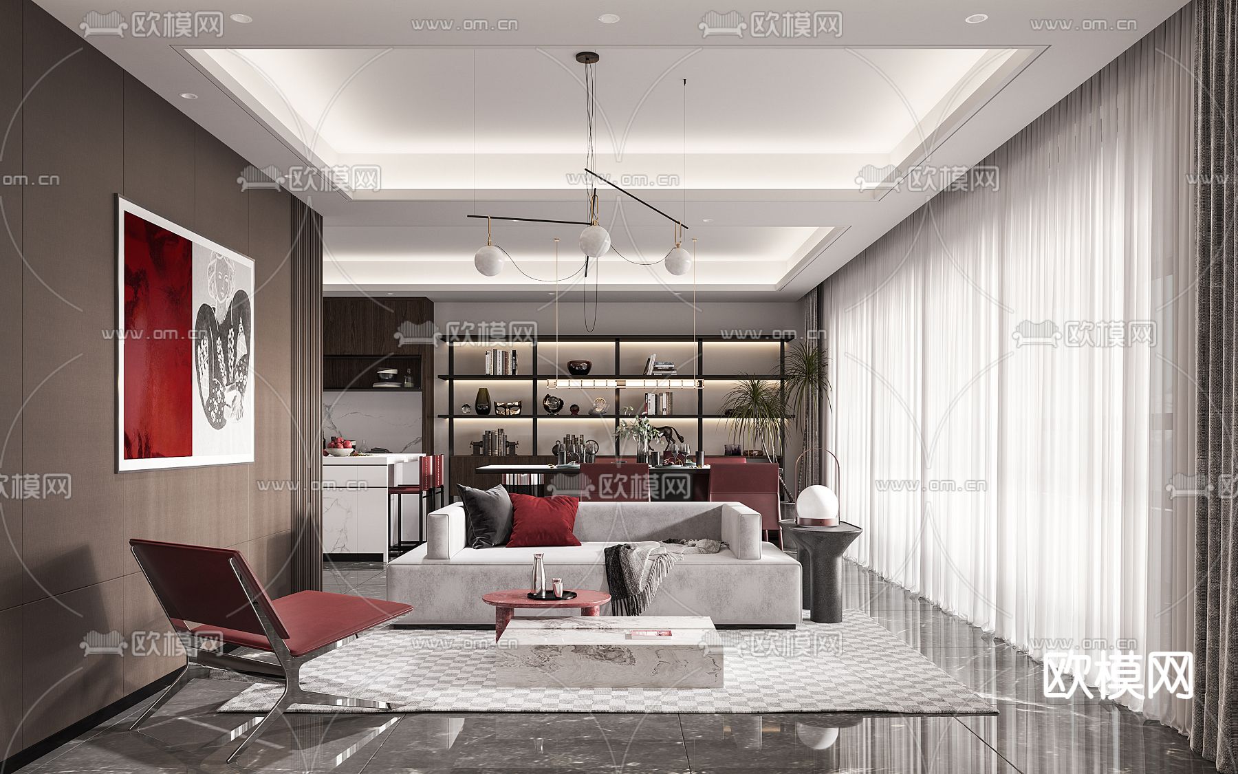 后现代客厅餐厅3d模型下载（渲染图1）