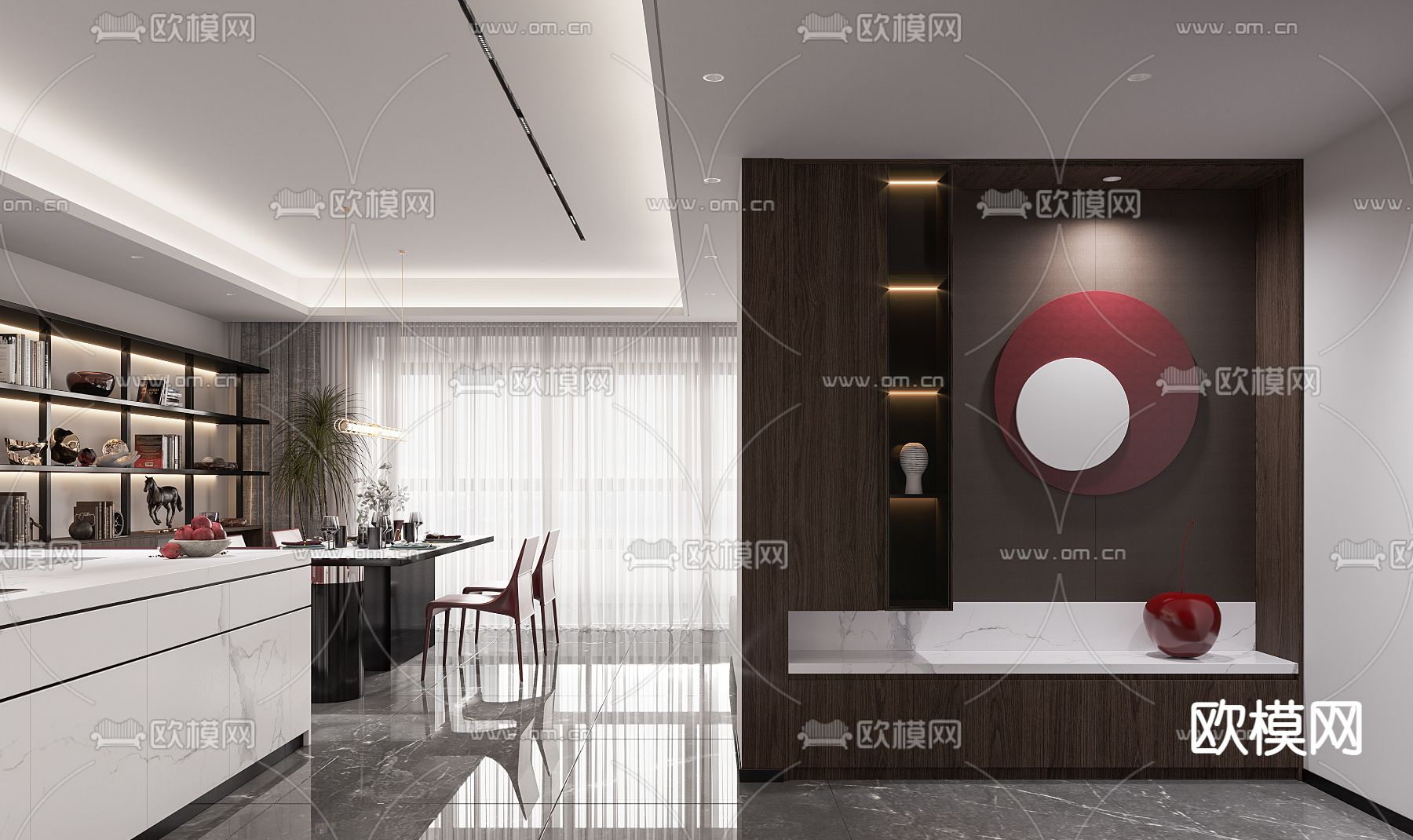 后现代客厅餐厅3d模型下载（渲染图2）