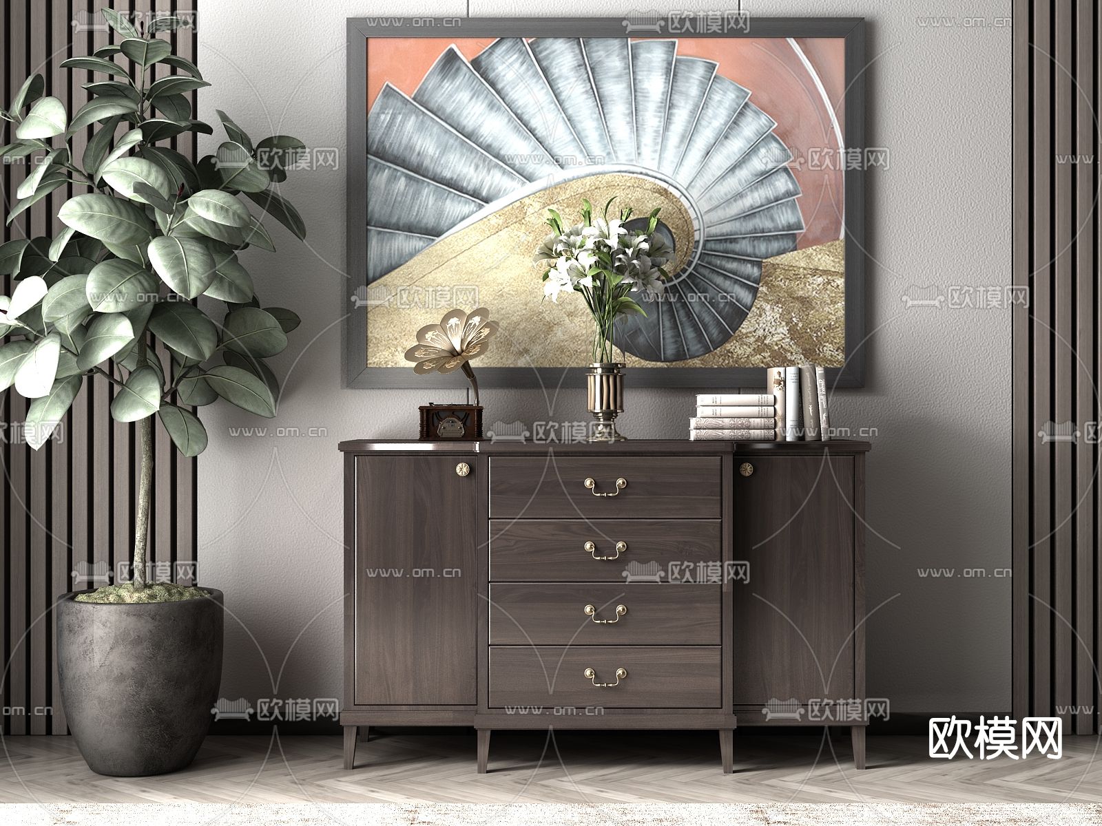 新中式实木端景柜su模型下载（渲染图1）