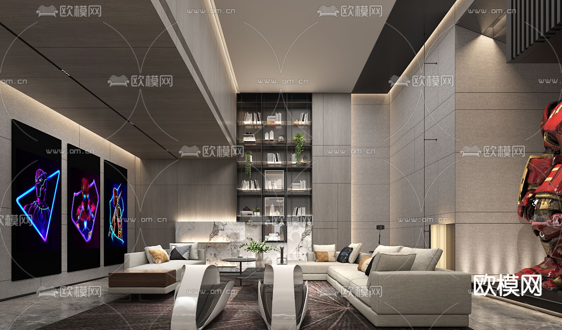 现代别墅地下室休闲区3d模型下载（渲染图1）