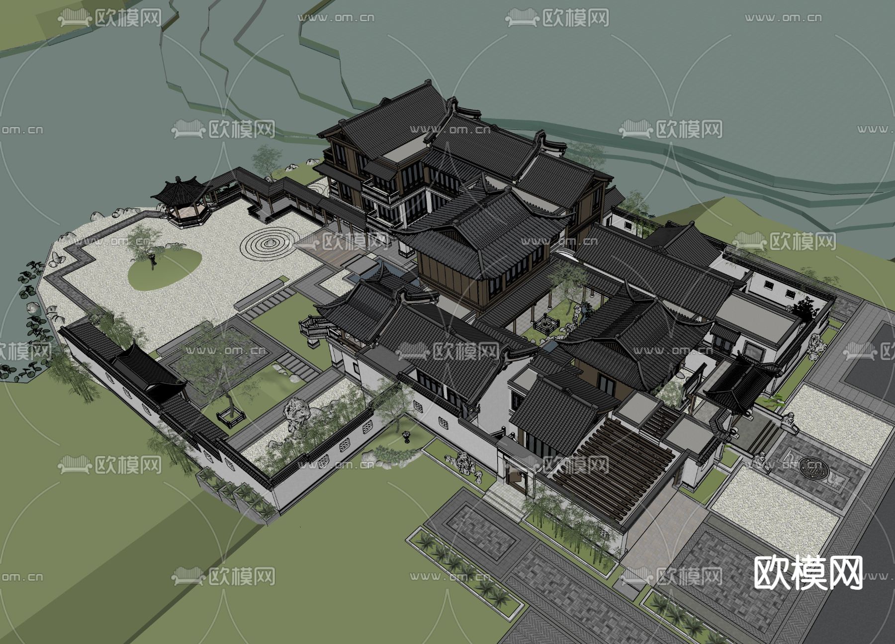 中式园林别墅su模型下载（渲染图1）
