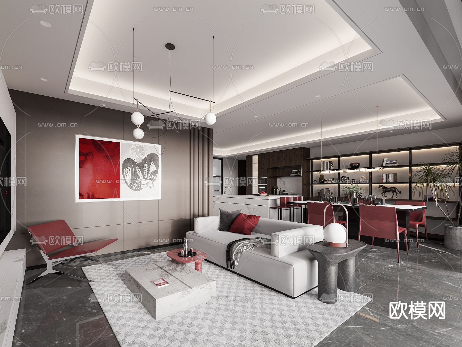 后现代客厅餐厅3d模型下载（渲染图3）