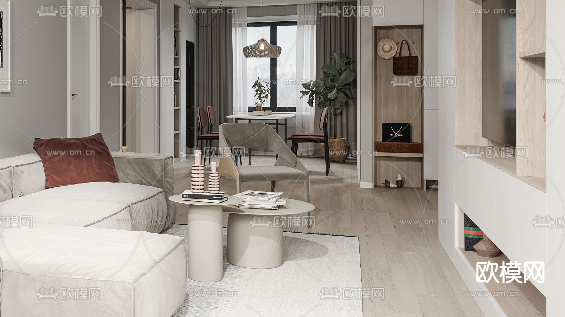 现代公寓客厅餐厅3d模型下载（渲染图2）