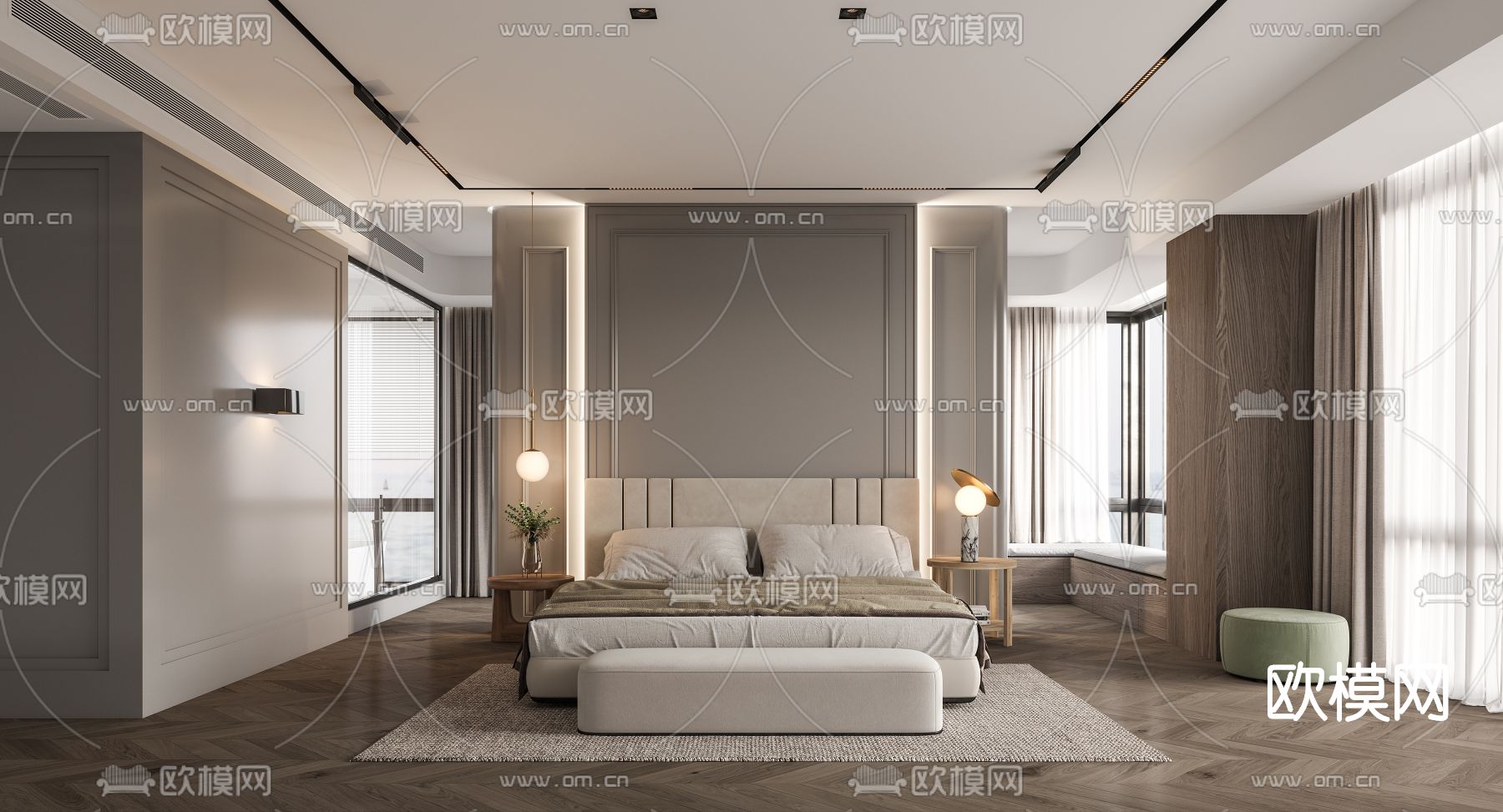 简欧轻奢卧室主人房3d模型下载（渲染图1）