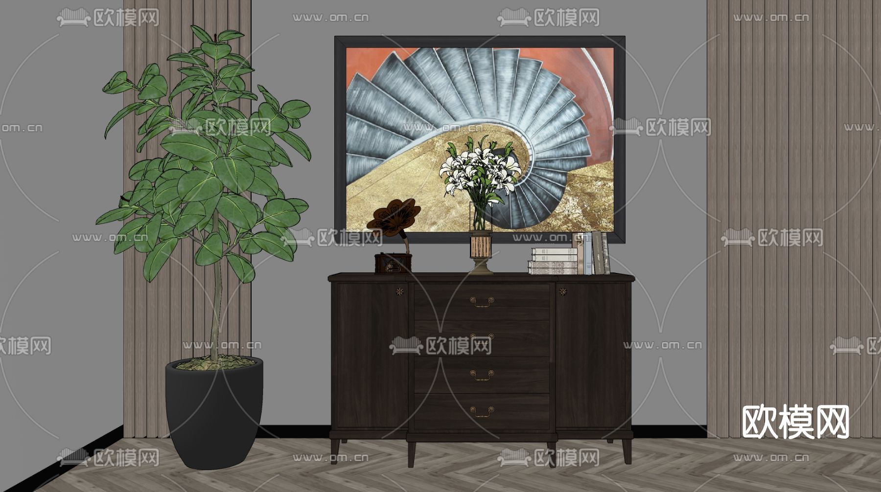 新中式实木端景柜su模型下载（渲染图2）