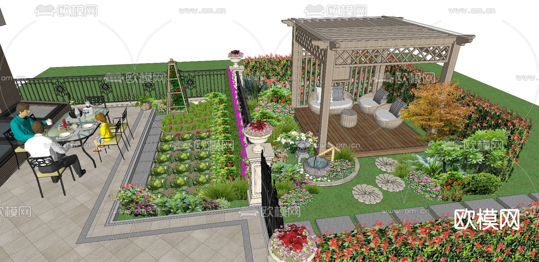 欧式庭院花园su模型下载（渲染图4）