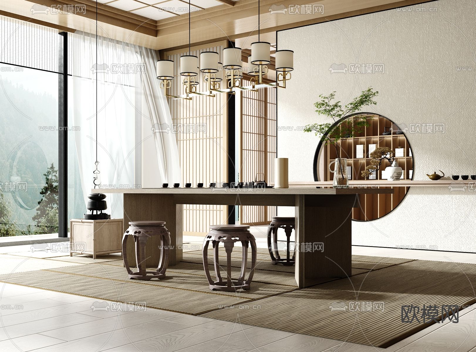 新中式轻奢茶室su模型下载（渲染图1）