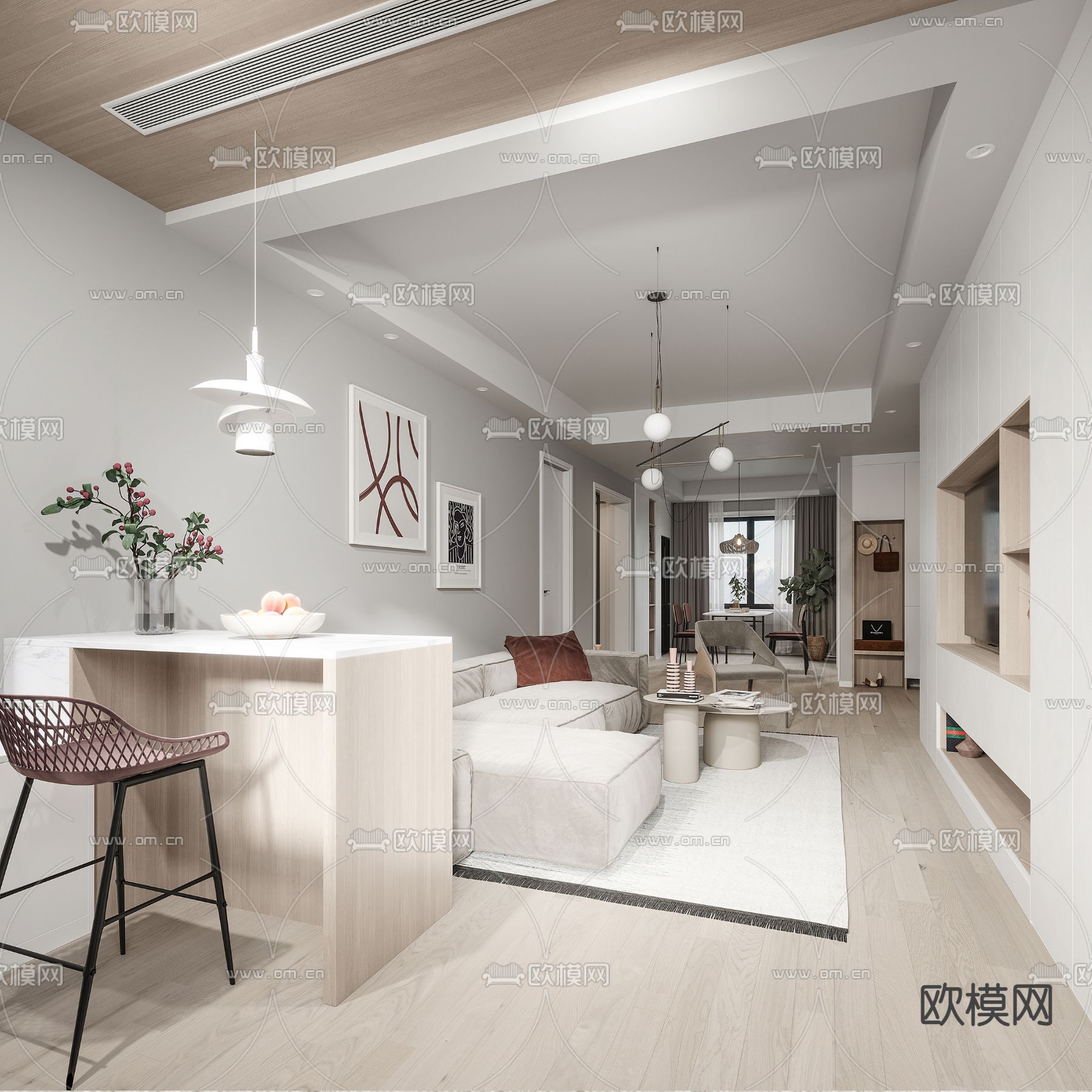 现代公寓客厅餐厅3d模型下载（渲染图1）