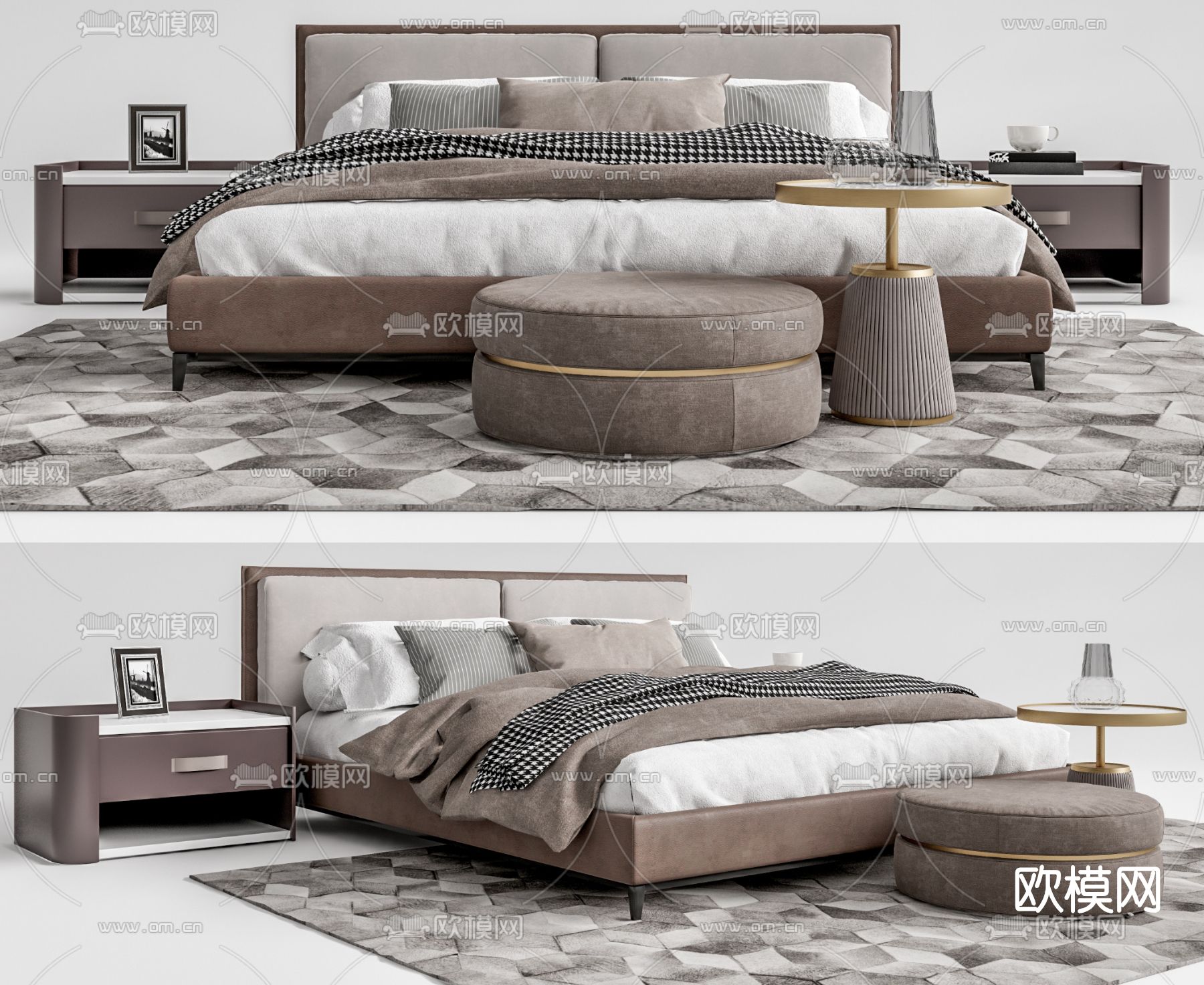 现代布艺双人床su模型下载（渲染图1）