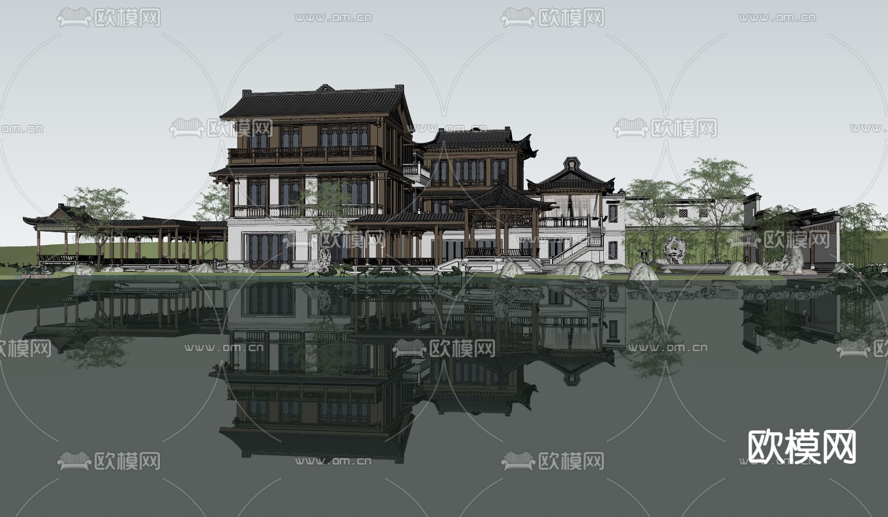 中式园林别墅su模型下载（渲染图4）